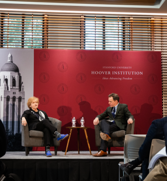 Deborah Lipstadt, who served as US special envoy for monitoring and combating anti-Semitism, speaks with Hoover Senior Fellow Niall Ferguson at the 2025 Hoover History Symposium on anti-Semitism on February 11, 2025. (Patrick Beaudouin)
