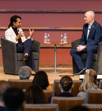 Hoover Institution Director Condoleezza Rice and Utah Governor Spencer Cox speak at the iCivics Civic Learning Week National Forum at the Hoover Institution on March 13, 2025. (Patrick Beaudouin)