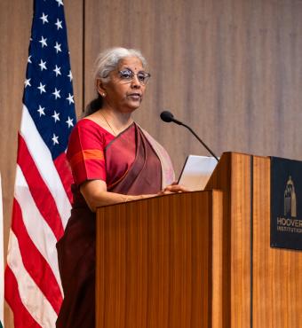 Indian Finance Minister Nirmala Sitharaman speaks about India’s modernization efforts in Hauck Auditorium on April 21, 2025. (Patrick Beaudouin)