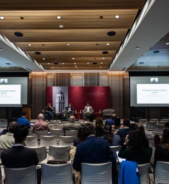 Attendees of the Social Media and Democratic Practice conference are seen in Shultz Auditorium on March 17, 2025. (Patrick Beaudouin)