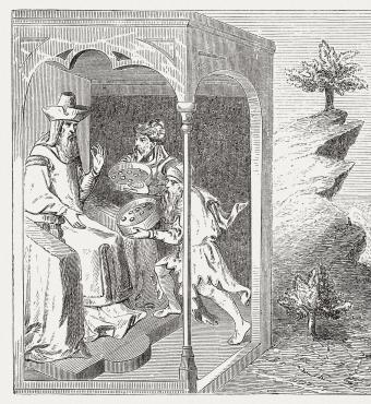 Kublai Khan (1216-1294) and pearl fishers, wood engraving, published in 1888 stock illustration