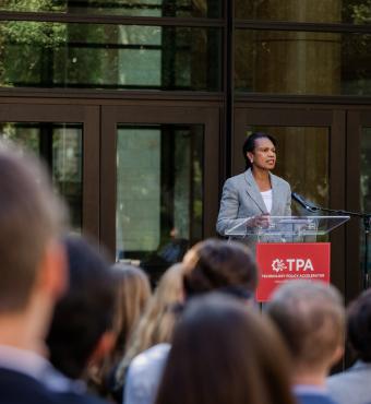 Hoover Institution Director Condoleezza Rice speaks at the launch of the Technology Policy Accelerator in Hoover’s Fairweather Courtyard on June 16, 2025. (Patrick Beaudouin)