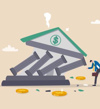 Banking collapse or bank run, financial crisis or bankruptcy problem, stock market crash or credit risk, failure or investment failure concept, frustrated businessman look at collapsing bank building. stock illustration