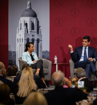 Hoover Institution Director Condoleezza Rice discusses AI policy with Sriram Krishnan (center) and Mary Meeker (right) in Blount Hall on July 9, 2025. (Patrick Beaudouin)