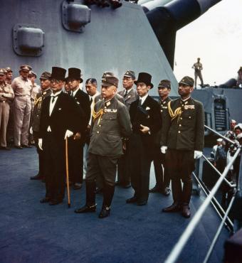 The surrender of Japan ceremony takes place aboard the battleship USS Missouri in Tokyo Bay, Japan, Sept. 2, 1945. Credit: Army VIRIN: 450902-O-ZZ999-001C