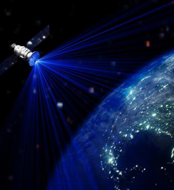 Satellite In Space Station Orbiting Earth stock photo