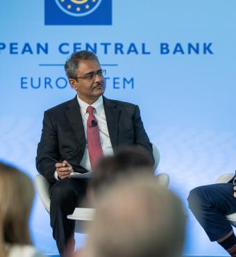 Senior Fellow Amit Seru (left), co-director of Hoover's Financial Regulation Working Group, chairs a panel on non-bank financial intermediaries, including Nicola Cetorelli (right), head of financial intermediation at the Federal Reserve Bank of New York. Photo credit: Andrej Hanzekovic/ECB