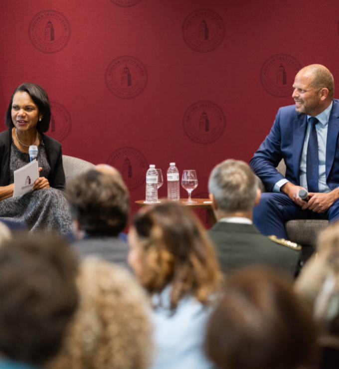 Hoover Institution Director Condoleezza Rice and Belgian Minister of Defence Theo Francken speak in Hoover’s Shultz Auditorium on October 7, 2025. (Patrick Beaudouin)