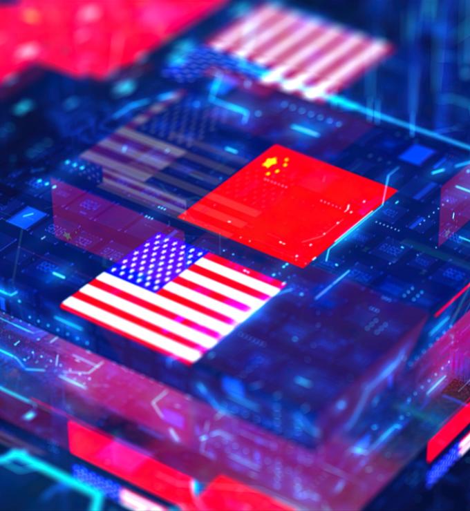 Processor Unit, Chip War. The Chip Crisis, The World's Big Problem. China and usa Flag. stock photo