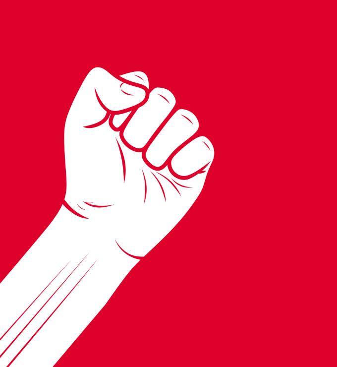 Aised Fist Showing Strength, Unity on Red Background - stock illustration