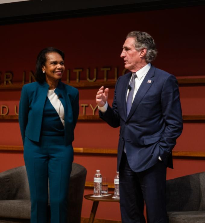 Hoover Institution Director Condoleezza Rice and Secretary of Interior Doug Burgum are seen in Hauck Auditorium on October 10, 2025. (Patrick Beaudouin)