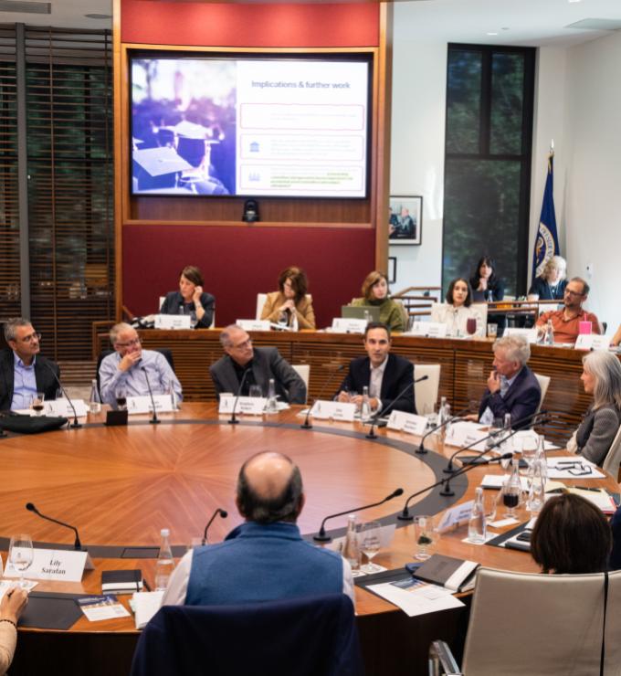 Participants in the Promises and Challenges of Decentralized Governance conference are seen in the Annenberg Conference Room on November 6, 2025. (Patrick Beaudouin)