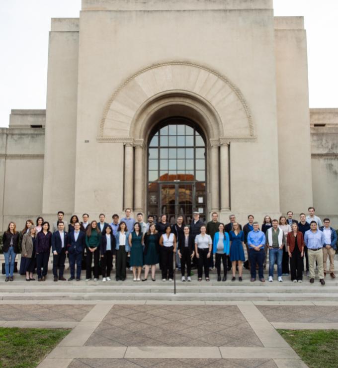 Participants in the annual Hoover Remote Work conference are seen before Hoover Tower on October 22, 2025. (Patrick Beaudouin)