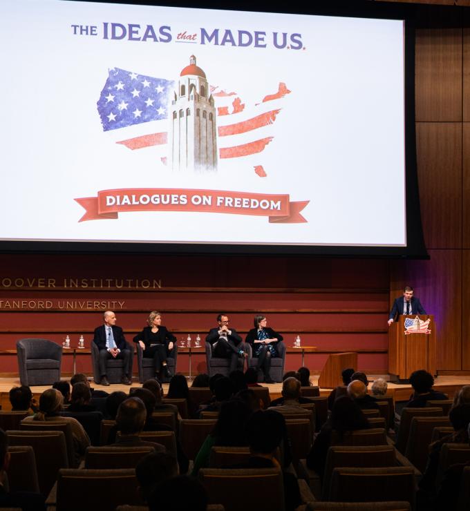Speakers for Ideas That Made U.S.: Dialogues on Freedom, are seen in Hauck Auditorium on February 11, 2026. (Patrick Beaudouin) 