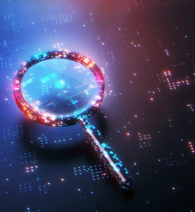 Digital Glitter Magnifying Glass on Technological Background, Search Engine Solution analysis Concept stock photo