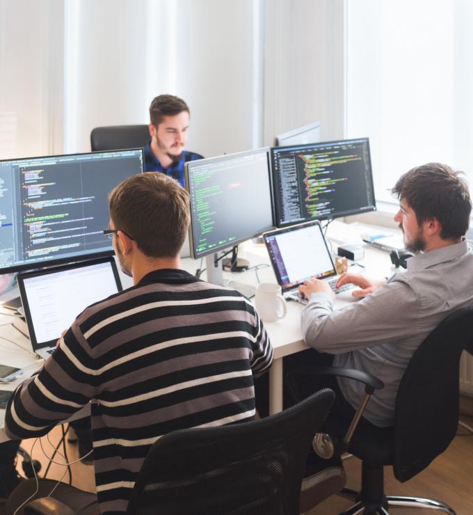 Software developing team working in the office stock photo