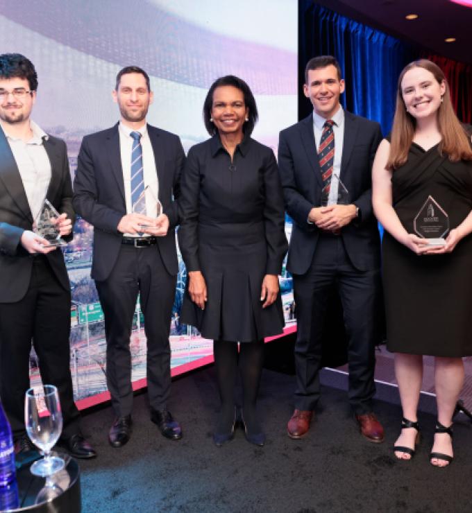 Winners of the 2025 HISPBC Student Essay Competition stand with Hoover Institution Director Condoleezza Rice on February 22, 2026. (Eric Draper)