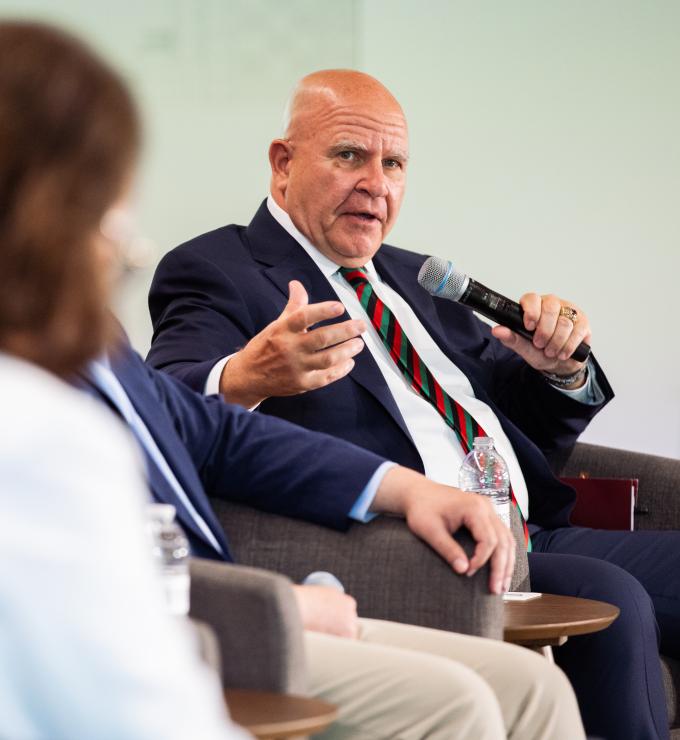 Senior Fellow H.R. McMaster speaks about the war in Afghanistan during a panel discussion on the war in Afghanistan held in Hoover’s Shultz Auditorium on April 9, 2026. (Patrick Beaudouin)