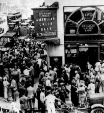 Crowd at New York's American Union Bank during a bank run early in the Great Depression.