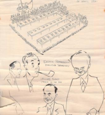 Satirical drawing of the members of the secretariat of the conference; C. Easton Rothwell on the right (Andrew Roy De Metriff Papers, Hoover Institution Archives)