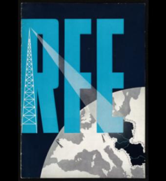 Cover of a booklet produced by Radion Free Europe and showing large RFE letters in blue with a white radio tower over the left side of the R, and broadcasting to eastern europe