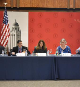 Image of Hoover research fellow Alice Miller (second from right) and distinguished visiting fellow Elizabeth Economy (middle) at the Taiwan Relations Act roundtable discussion.