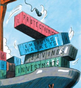 Ship and containers labeled with economic terms