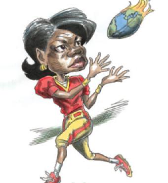 cartoon of Condoleezza Rice catching a political football