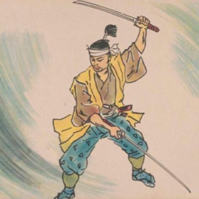 kamishibai card illustration showing a samurai weilding two swords.