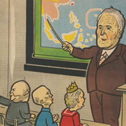 Japanese kamishibai card illustration showing President Roosevelt teaching a class of world leaders using a map of Southeast Asia.