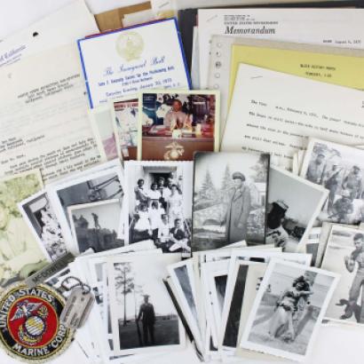 Collage of photos papers ephemera of Leo McDowell collection