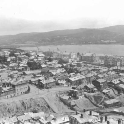 Black and white aerial photo of Vladivostok city in Russia