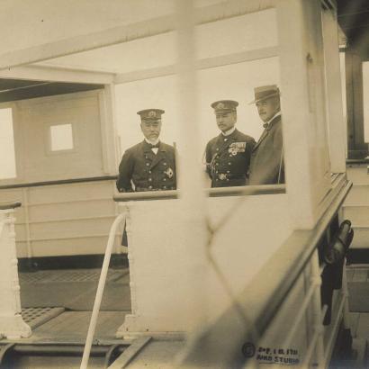 3 men standing on the deck of the Tanba Maru