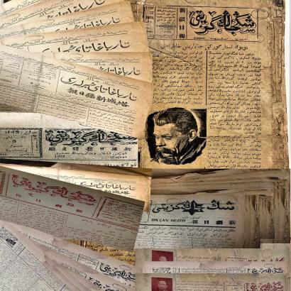 collage of newspaper mastheads Uyghur- and Kazakh-Language