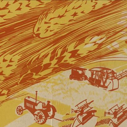 close up of poster showing tractors and grain harvest