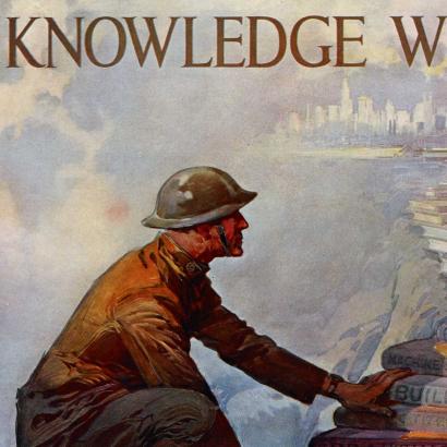 Knowledge Wins soldier climbing a stack of books