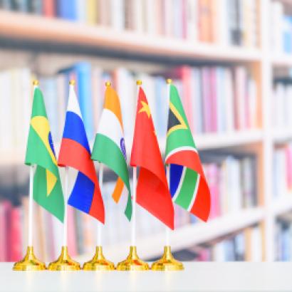 Flags of BRICS or group of five major emerging national economy i.e Brazil, Russia, India, China, South Africa. BRICS members are all leading developing countries.