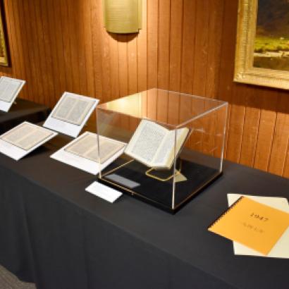 Exhibit of Chiang Ching-kuo diaries on a table with black tablecloth