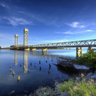 A lift bridge in the delta on a sunny day. Rio Vista, California. USA