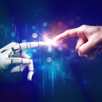 AI, Artificial intelligence, robot and human hands are touching and connecting, unity with human and ai concept, machine learning and futuristic technology background