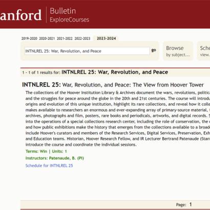 image of Stanford Course catalog featuring INTNLREL 25