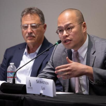 Sebastien Lai, son of imprisoned Hong Kong democracy activist and newspaper publisher Jimmy Lai, speaks at the Hoover Institution on May 14, 2024.