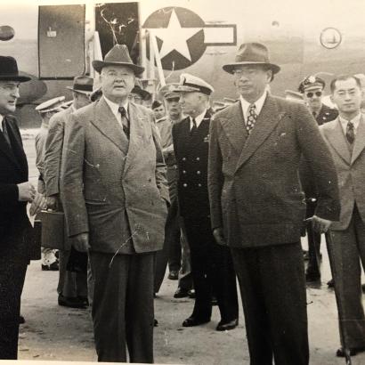 TV Soong greets Herbert Hoover at the Nanking airport, May 1946