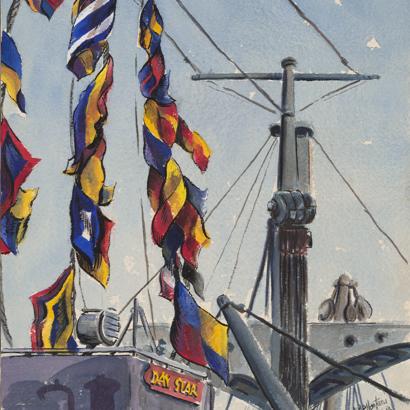 Collage of a watercolor and photographs from the Natale Bellantoni papers 