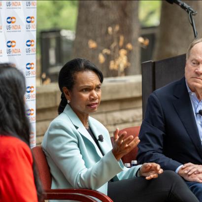 Hoover Institution Director Condoleezza Rice appears on a panel with NDTV’s Maha Siddique and former Cisco Chairman John Chambers at the INDUS-X Summit at Stanford on September 10, 2024. ((US-India Strategic Partnership Forum)