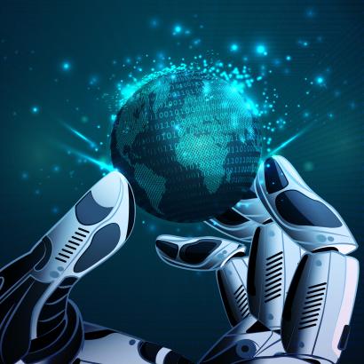 Robotic Hand Holding Virtual Globe stock illustration