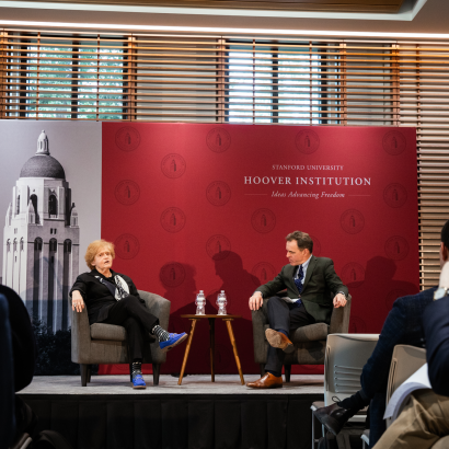 Deborah Lipstadt, who served as US special envoy for monitoring and combating anti-Semitism, speaks with Hoover Senior Fellow Niall Ferguson at the 2025 Hoover History Symposium on anti-Semitism on February 11, 2025. (Patrick Beaudouin)