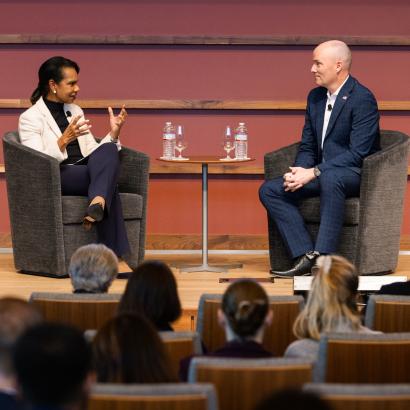 Hoover Institution Director Condoleezza Rice and Utah Governor Spencer Cox speak at the iCivics Civic Learning Week National Forum at the Hoover Institution on March 13, 2025. (Patrick Beaudouin)