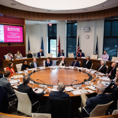 Attendees of the Fiscal Policy Initiative Conference are seen in Annenberg Conference Room at the Hoover Institution on March 10, 2025. (Patrick Beaudouin) 