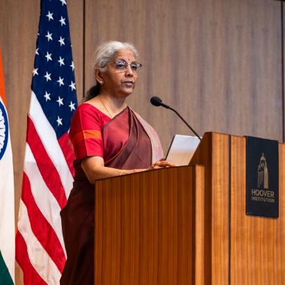 Indian Finance Minister Nirmala Sitharaman speaks about India’s modernization efforts in Hauck Auditorium on April 21, 2025. (Patrick Beaudouin)